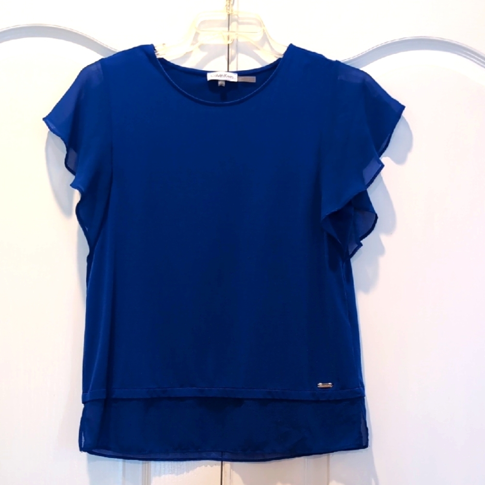 Calvin Klein Blue Ruffled Short Sleeve Blouse